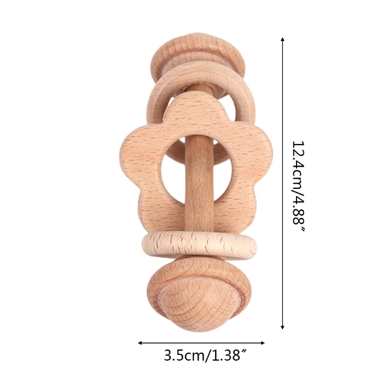 

Baby Wooden Beech Teether Shower Gifts Toddler Teething Nursing Toy Bell Rattle Ring Soother Molar