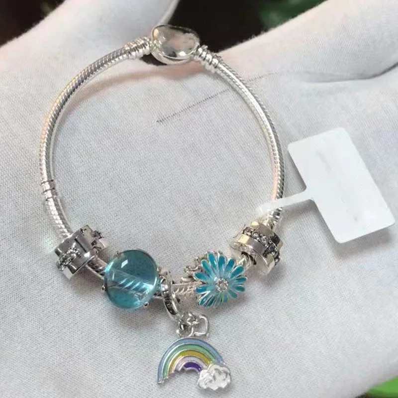 

Hot Sale New 925 Sterling Silver Rainbow Pendant Daisy With Classic Heart Bracelet Fit Women's Party Gift Wedding Diy Jewelry