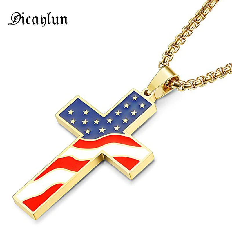 

DICAYLUN American USA Flag Necklaces Gold Cross Pendant Stainless Steel Enamel Jesus Religion Jewelry Amulet Gifts for Christian