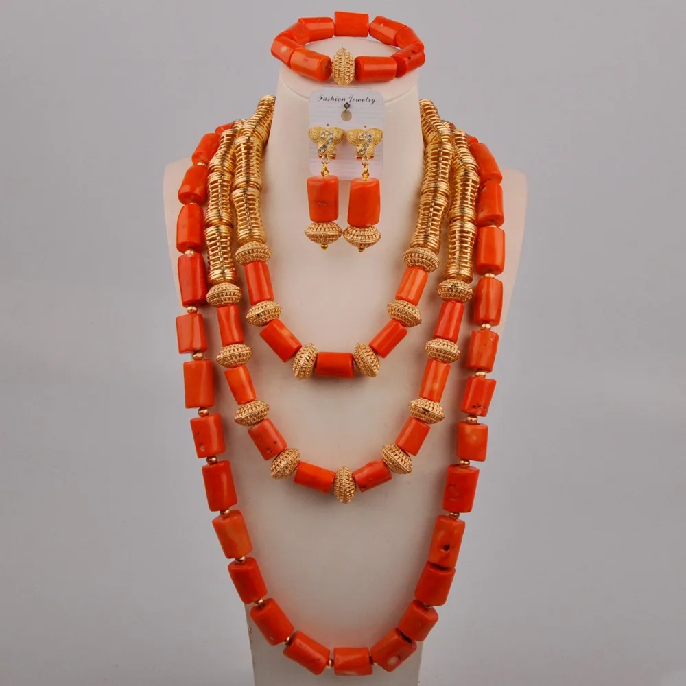 

Wedding Dress Accessories Orange Natural Coral Bead Necklace African Bride Wedding Nigerian Female Wedding Jewelry Set AU-673