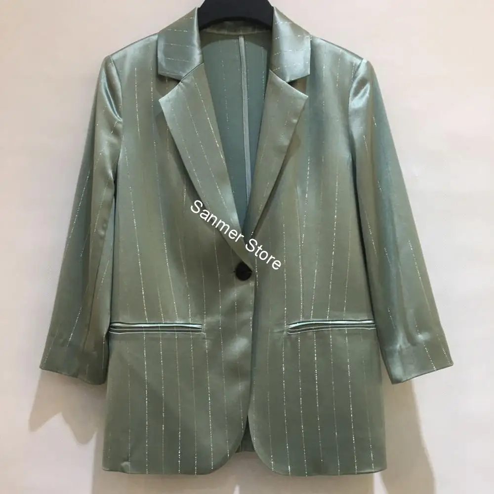 

Women's Striped Blazer Three-quarter Sleeve Single Button Three Colors Pockets Office Lady Suit Female Thin Jacket Summer New