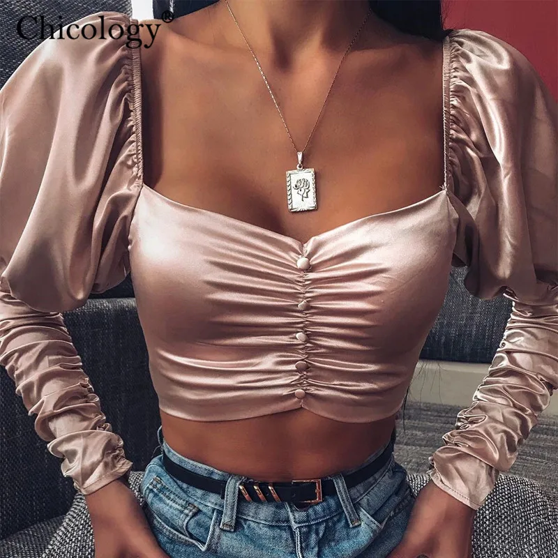 Chicology офисное офисные офис леди блузка пышным длинным рукавом Лонгслив женское кроп Топ на осень-зиму ЖЕНСКИЕ НАРЯДНЫЕ элегантное Сексуальные вечерние повседневная одежда