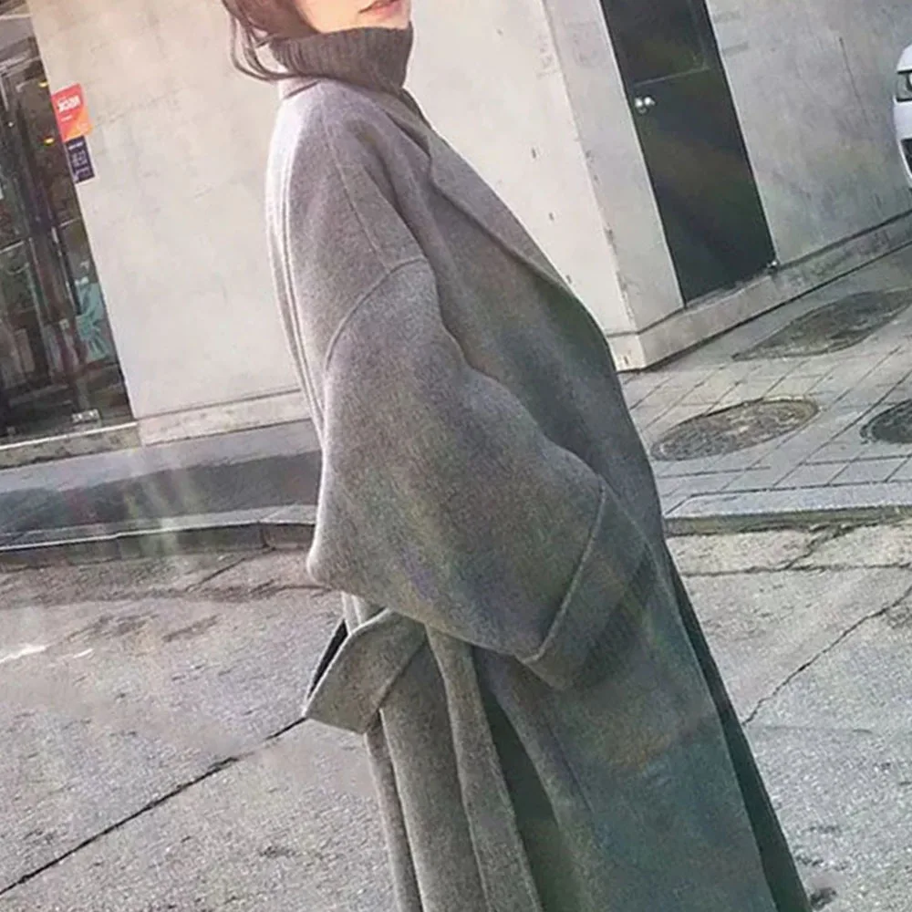 Женское шерстяное корейское офисное элегантное однотонное длинное пальто на