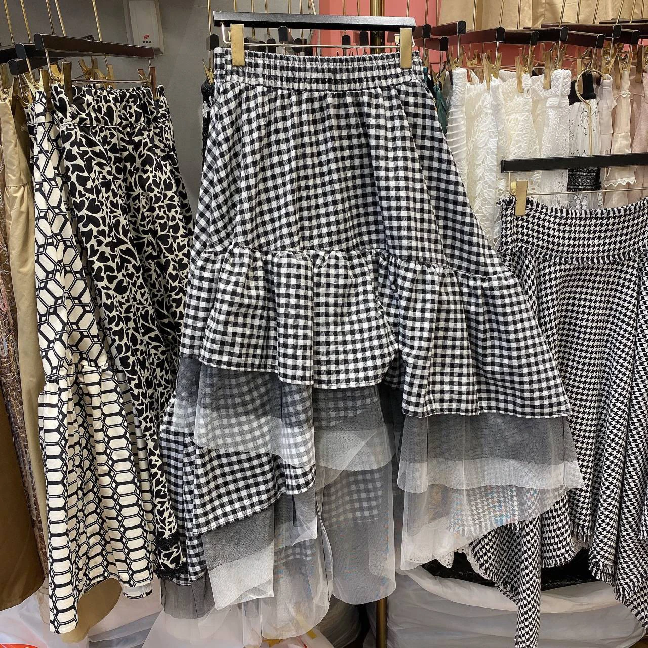 

Женская Повседневная юбка в клетку, кружевная Асимметричная юбка средней длины с оборками и высокой талией, модель 2021 в Корейском стиле на в...