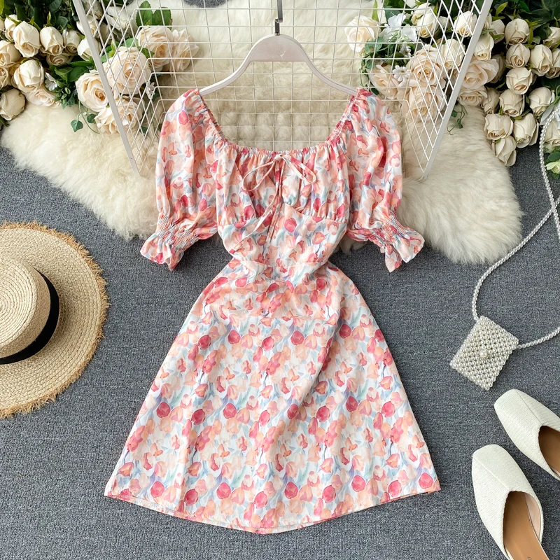 Летнее платье 2020 jurken с цветочным принтом винтажный квадратный воротник короткий