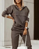 women plaid print zipper front hooded top pants set 2022 new femme long sleeve tracksuits set lady sporty jogger clothing traf
