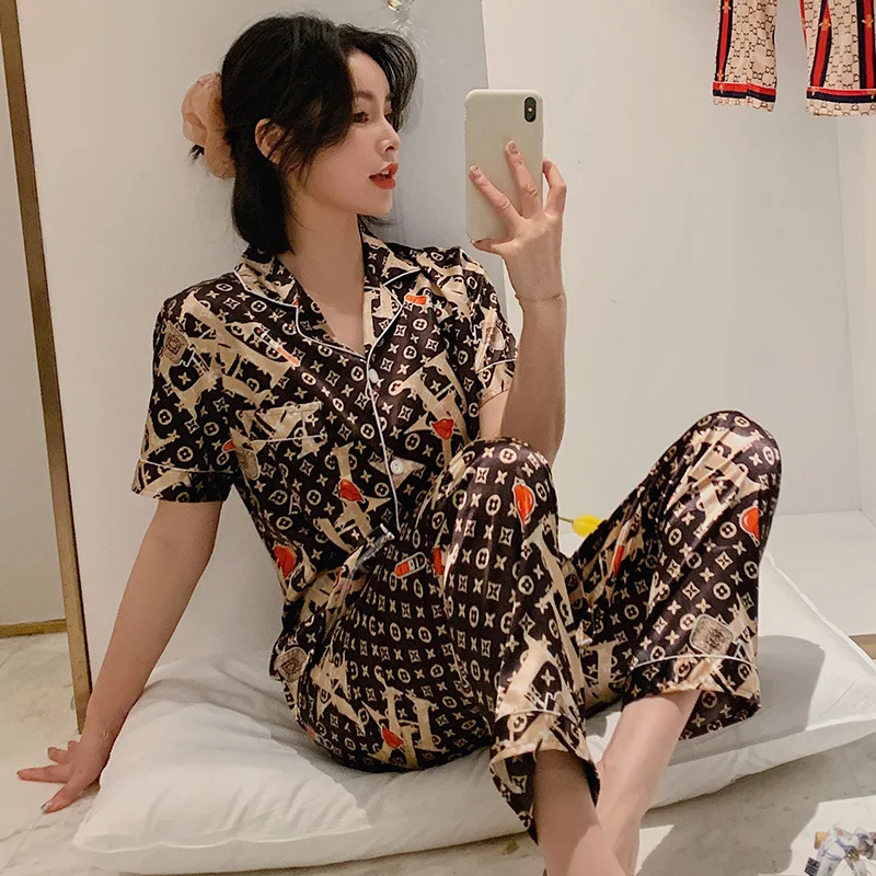 Summer Pajamas Women's Ice Thin Loose Comfortable Home Wear Fashion Short Sleeve Trousers Nightwear Suit Sleepwear Letter