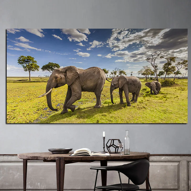 

Animals Elephants in Kenya Landscape Oil Painting on Canvas Poster and Print Abstract Art Wall Picture for Living Room Decor