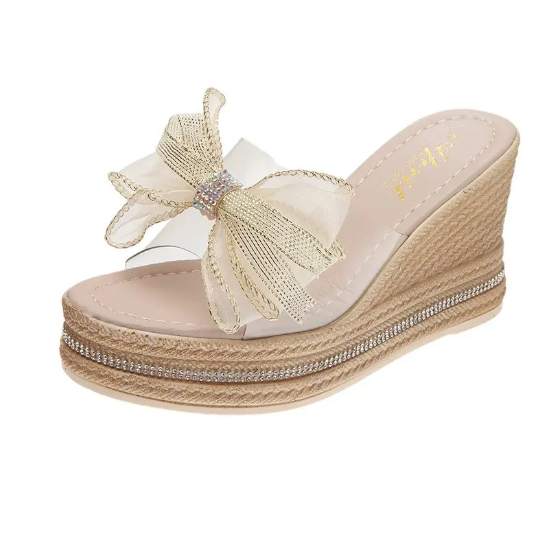 

High-Heeled Shoes Lady Ladies' Slippers Luxury Slides On A Wedge Lace Slipers Women Butterfly-Knot Platform Soft Summer Designer