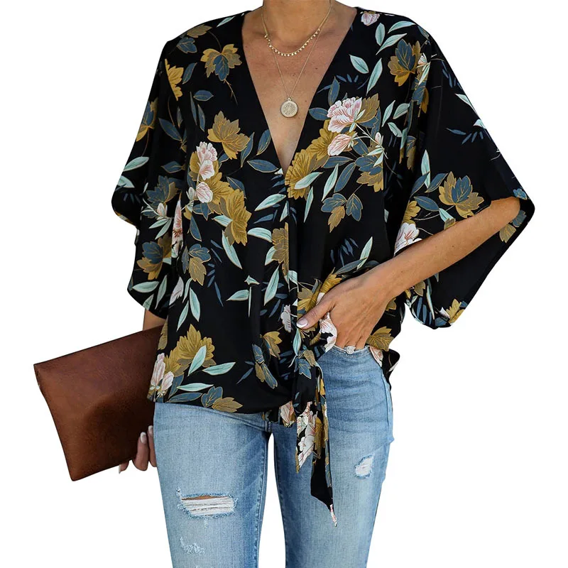 

2020 Vintage Women Floral Print Trumpet Sleeve Back Zipper Stand Collar Shirt 2020 New Fashion Womens Top And Blouses