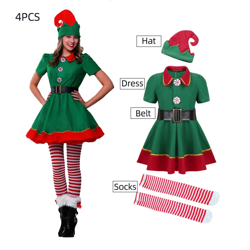 Костюм Санта Клауса на Рождество для мужчин женщин мальчиков и девочек зеленый
