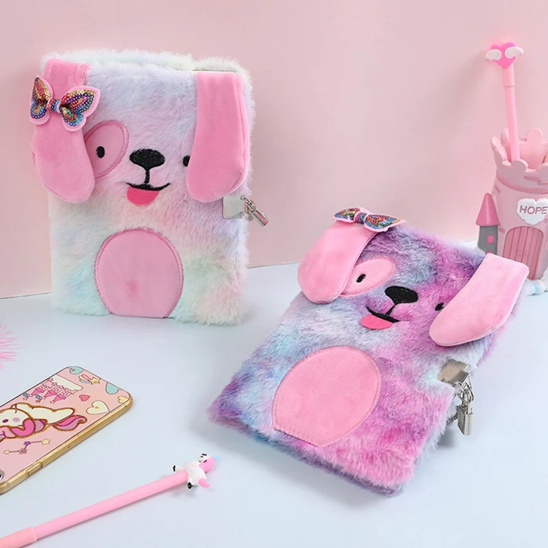 

1 Pcs Cute Embroidery Fold Notepad Colorful Animal Plush Notebooks With Lock Girl Portable Travel Diary Planner Stationery