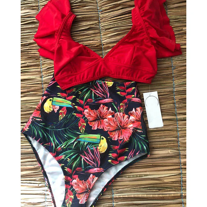

Floral Ruffled Hem Bikini Set Women Flora V-neck High-waisted Two Piece Swimsuit 2021 Girl Beach Bathing Suit Swimwear