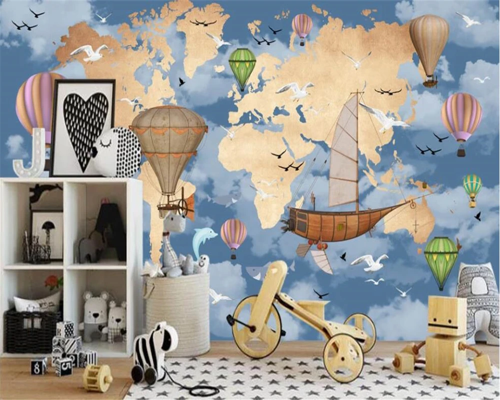 

beibehang Custom Mural 3d Wallpaper 3D Stereo Cartoon world map hot air balloon Children's room background wall 3D wallpaper