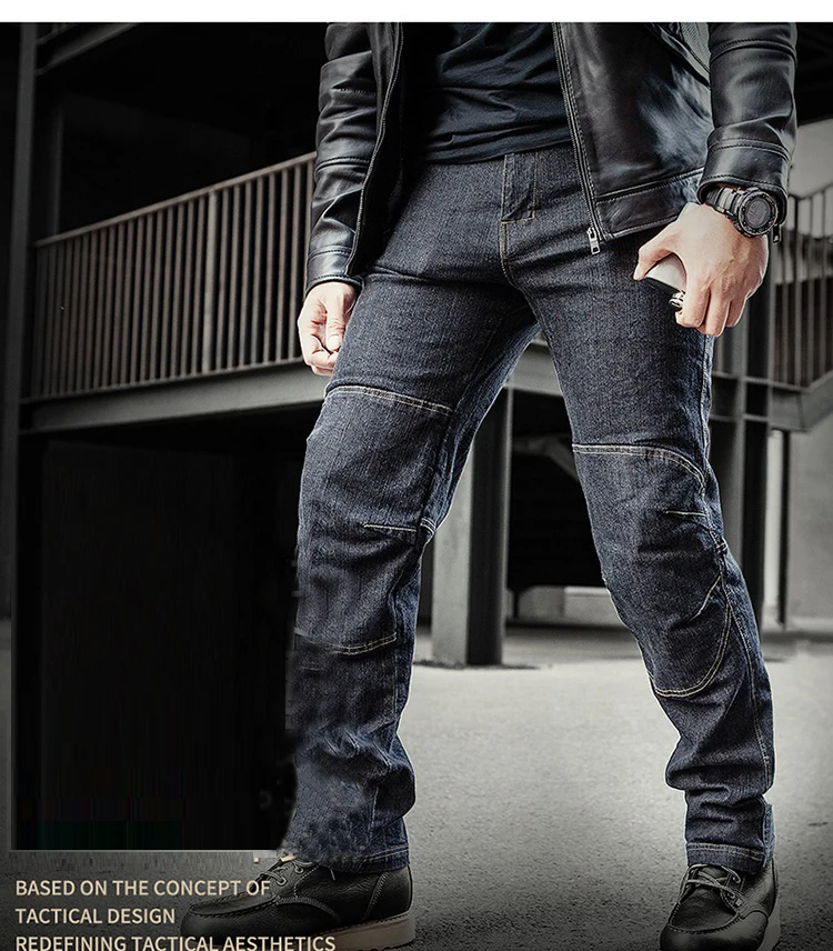 Spring Men Tactical Denim Pants Stretchy Jeans Trousers Comfortable  Multi Pockets Commuter Strengthen Knee Training Pants 2XL