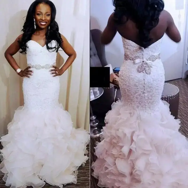 

Luxury African Plus size Wedding Dresses Crystal Ribbon Ruffles Organza Sweetheart Country Cheap Wedding Dress Bridal Gowns