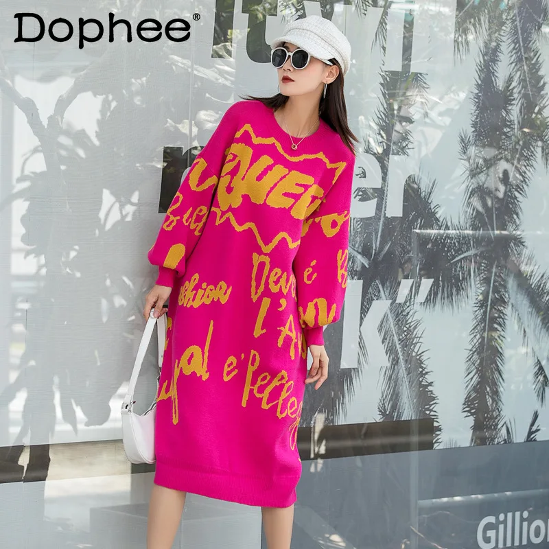 

Korean Elegant Rose Red Knitted Dress Women Pullover O-Neck Letter Print Long Sweater Dress 2021 Autumn Winter Fashion Clothing