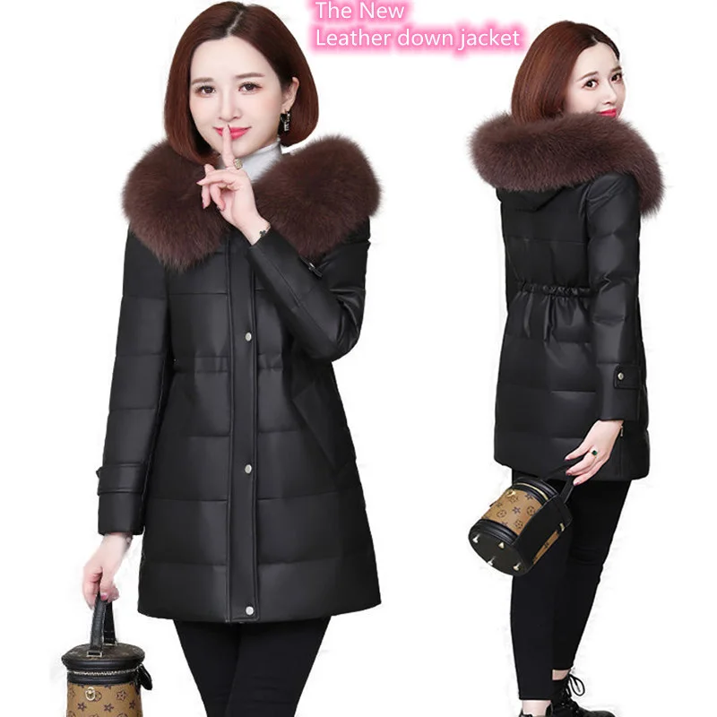 

Женский кожаный пуховик средней длины SHZQ, модный приталенный пуховик с меховым воротником и бархатной подкладкой, большие размеры, Осень-зи...