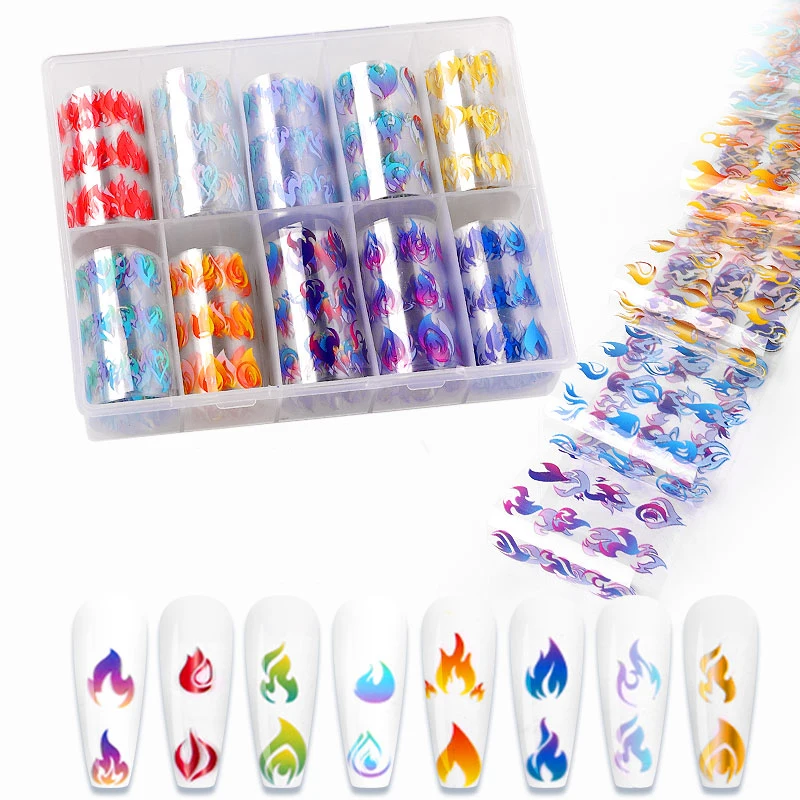 

10Rolls Holographic Flame Nail Foils Gradient Coloful Fire Holo Transfer Sticker Water Slide Nail Art Decals Decorations