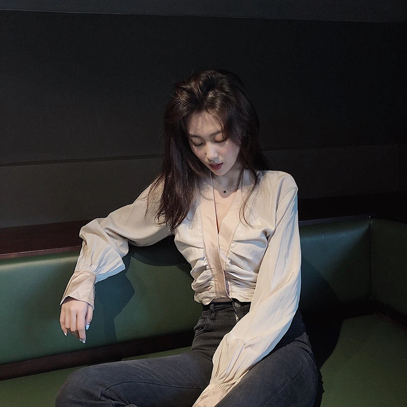 

spring autumn new Korean style Women's Clothing fashion brand blusas mujer de moda v-neck long sleeve crop tops short shirts hot