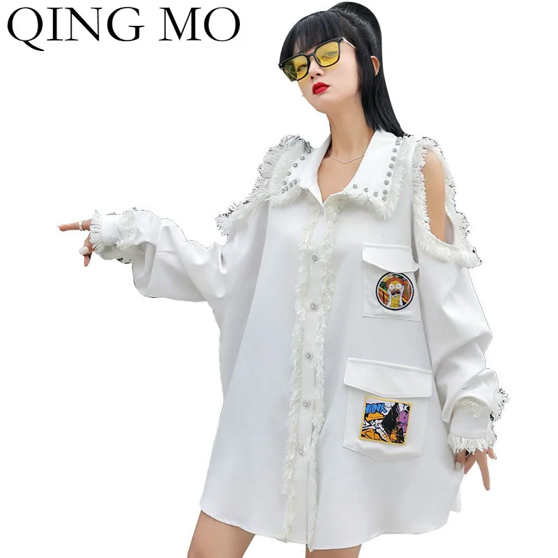 QING MO White Women Off Shoulder Blouse 2021 Women Cartoon Embroidery Blouse Female Tassel Blouse Beading ZQY6495