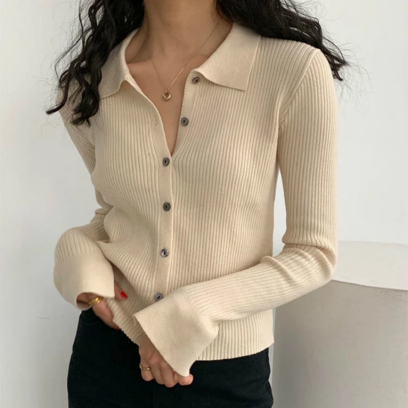 

Spring Autumn Woman's Solid Color Knitted Jacket Thin Cropped Cardigan Full Sleeve Blouse Slim Button All-match Base Sweater Top