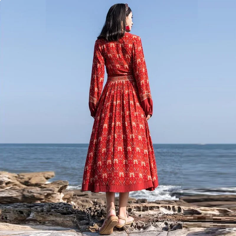 Шикарные Повседневные платья в стиле бохо для женщин 2019 красное Цветочное платье