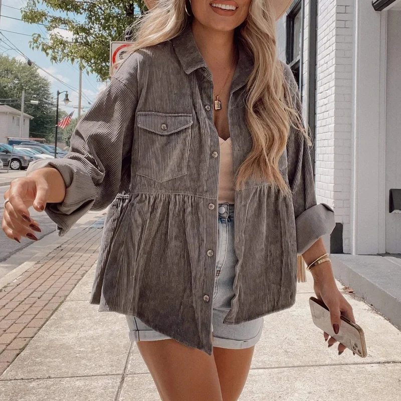 

New Autumn Spring Long Sleeve Pocket Outerwear Women Sexy Turn-down Collar Jacket Single Breasted Button Ribb Corduroy Top Coat