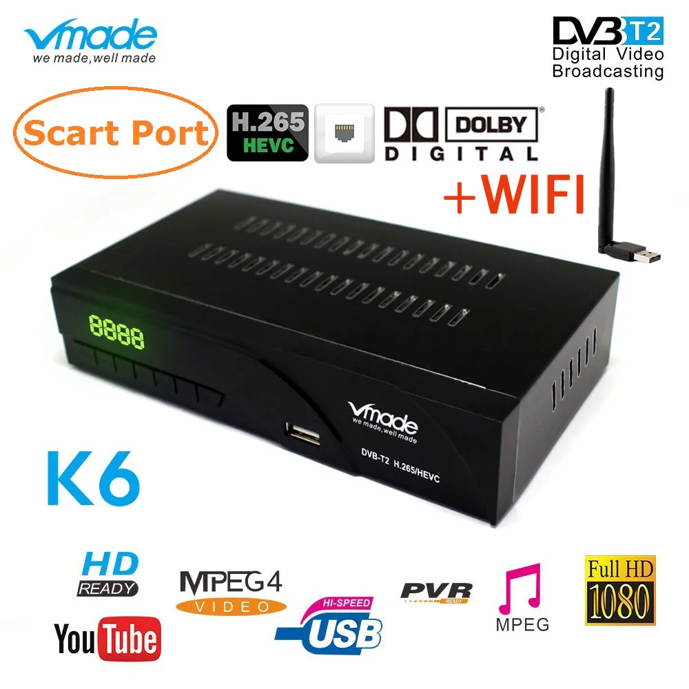 

Vmade K6 Scart Port DVB T2 H.265 HEVC Digital Set Top Box Terrestrial Receiver TV Tuner Support Youtube with USB WIFI 7601 RJ45