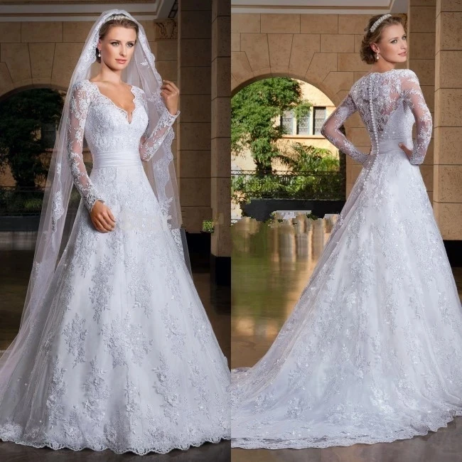 

Custom Made платье 2022 New Princess Long Sleeve v-neck Lace Beading Bridal gown vestido de noiva Bespoke Wedding Dresses