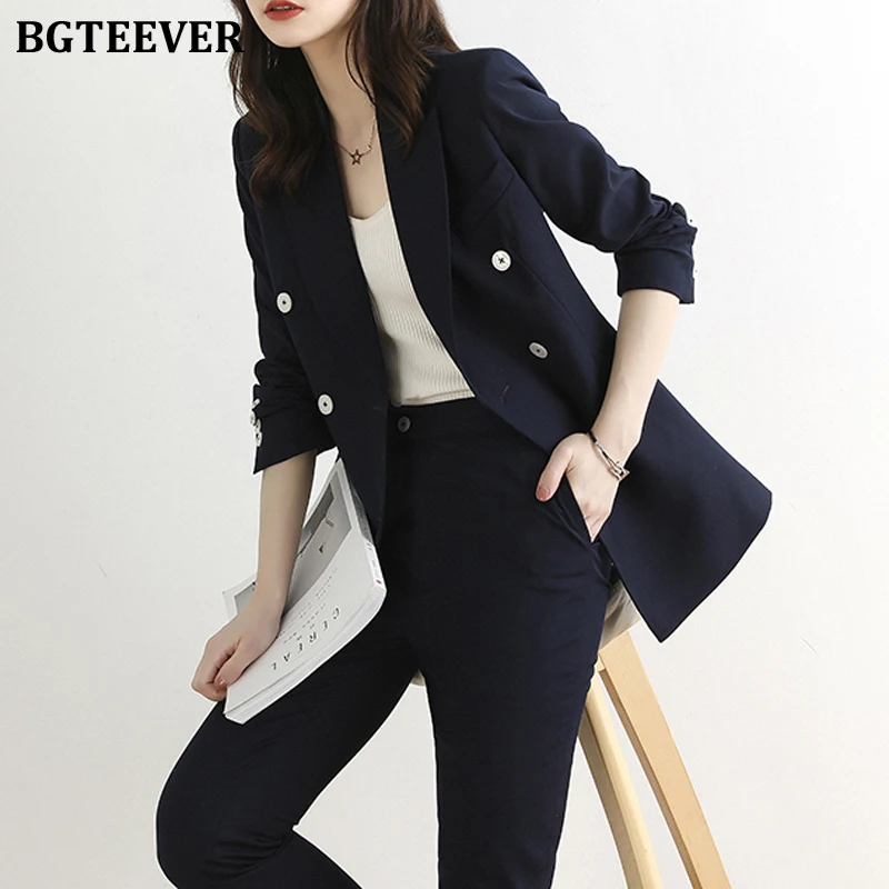 

BGTEEVER Autumn Blazer Set Ladies Workwear 2 Pieces Set Double Breasted Jacket & Elastic Waist Pants 2020 New Women Pant Suits