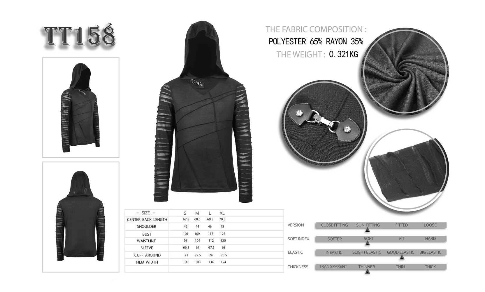 

Devil Fashion Men's Gothic Handsome Hooded T-shirt Streetwear Mesh Hole Sleeve Tight Casual Long Sleeve Shirt