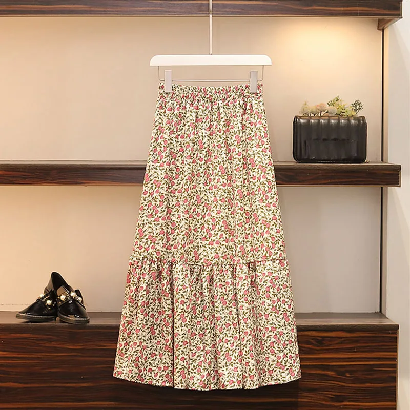 

New Summer Women Clothes Elastic Waist Loose Skirts Womens High Waist Small Floral Ladies Skirt A-Line Pleated Midi Skirt