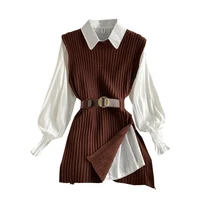 2021 spring autumn womens lantern sleeve shirt knitted vest two piece sets of college style waistband vest high quality top
