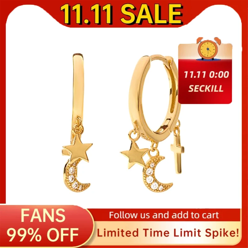 

Aide 925 Sterling Silver Clear Zircons Moon Star Cross Pendant Charms Hoop Earrings For Women Party Fine Jewelry Gift