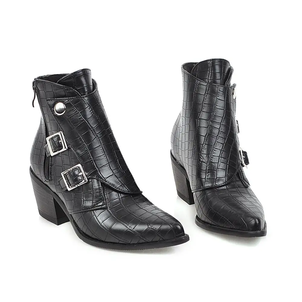 black Женские ботильоны на высоком квадратном каблуке; botas zapatos mujer; зимняя кожаная обувь в стиле ретро; ботинки в ковбойском стиле; большие размеры - Цвет: black