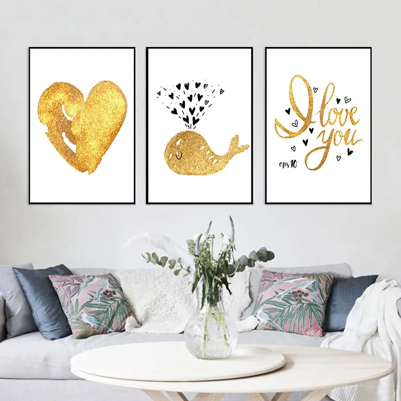 Скандинавский простой милый Золотой мультяшный дельфин любовь холст искусство