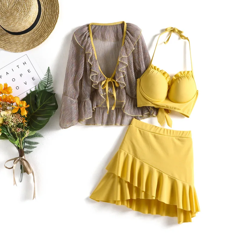 3 предмета бикини Для женщин из плотной ткани желтого цвета сетчатой с длинными