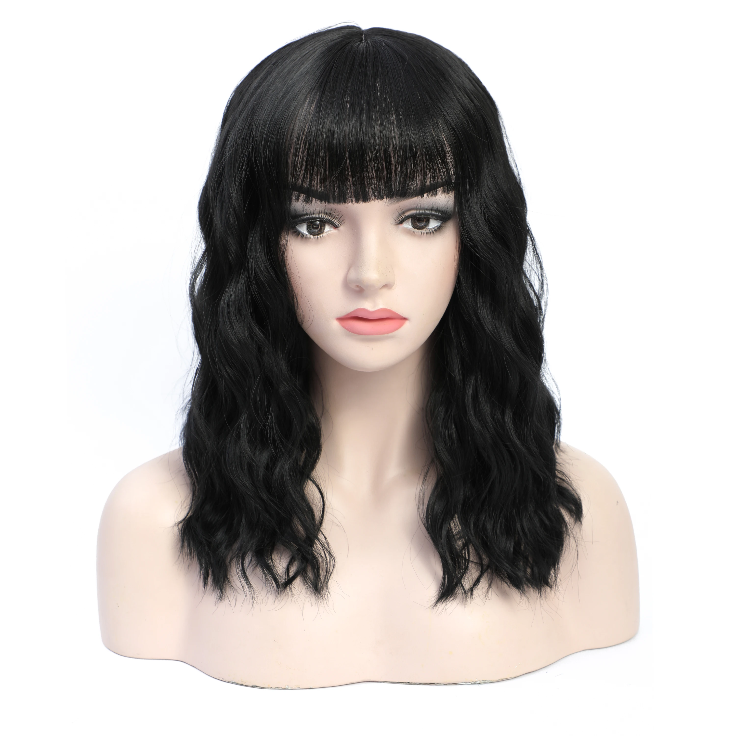

LANYI 16Inches Long Wavy Wigs For Women Black Synthetic Wigs with Bangs For Femal Daily Use Cosplay Lolita Wigs Heat Resistant