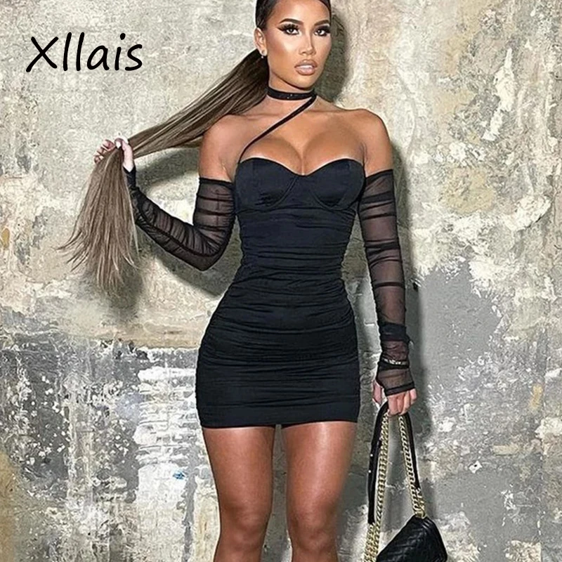 

XLLAIS сексуальное прозрачное платье с длинным рукавом для женщин вечерние сетчатые строченные Многослойные сетчатые платья рождественские ...