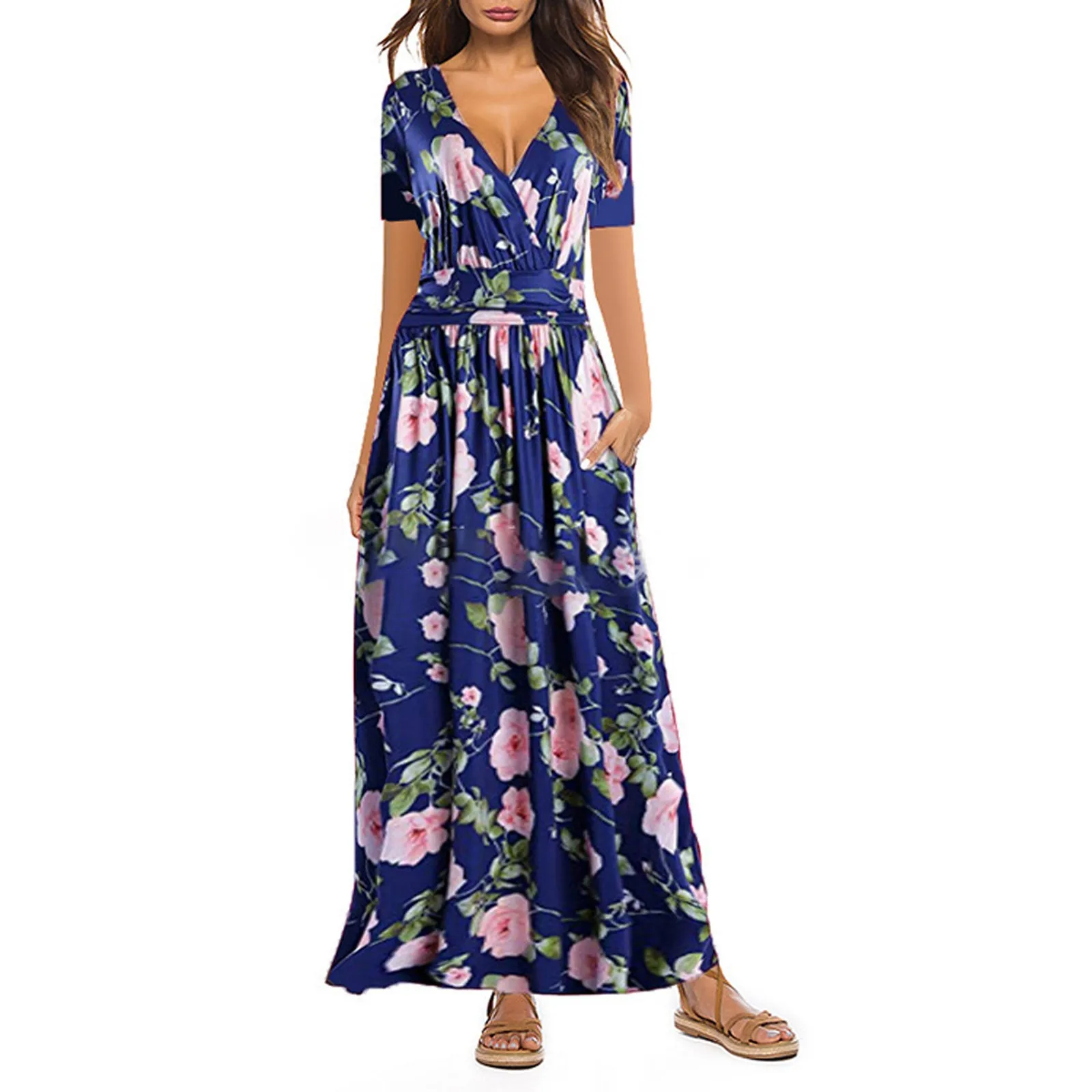 

Summer Dresses For Women 2021 Casual Printed V-Neck Maxi Dress Female Short Sleeve Long Dress With Pockets traf