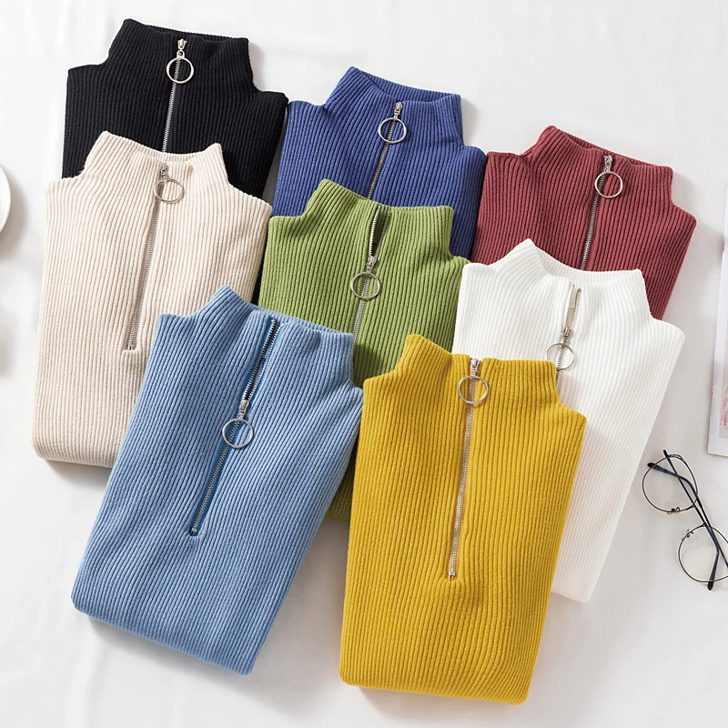 

QRWR 2020 Autumn Winter Women Sweater Fashion New Korean Style O Neck Long Sleeve knitted Slim Fit Zipper Basic Sweater Women