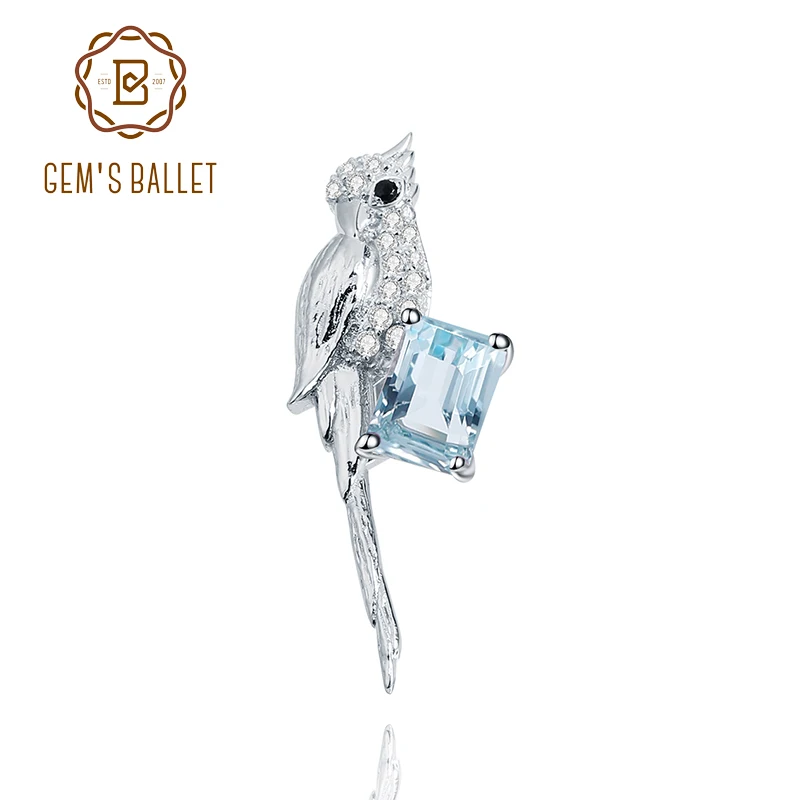

GEM'S BALLET 925 Sterling SIlver Statement Brooch Natural Sky Blue Topaz Gemstone Handmade Bird Brooches For Women Fine Jewelry