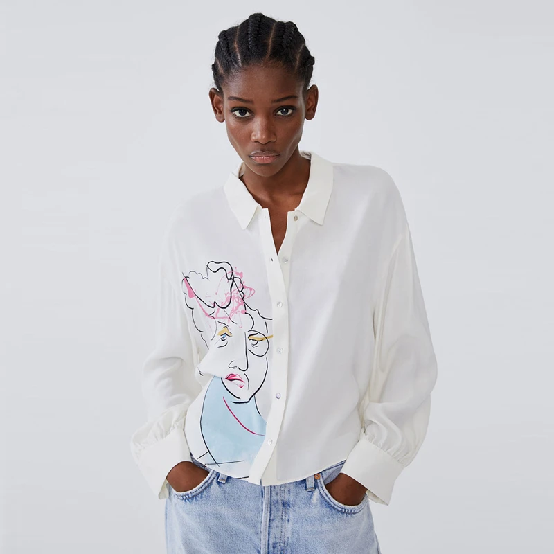 KISSMILK 2020 Design Lapel Character Print White Plus Size Long Sleeve Pleated Loose Printed Shirt |
