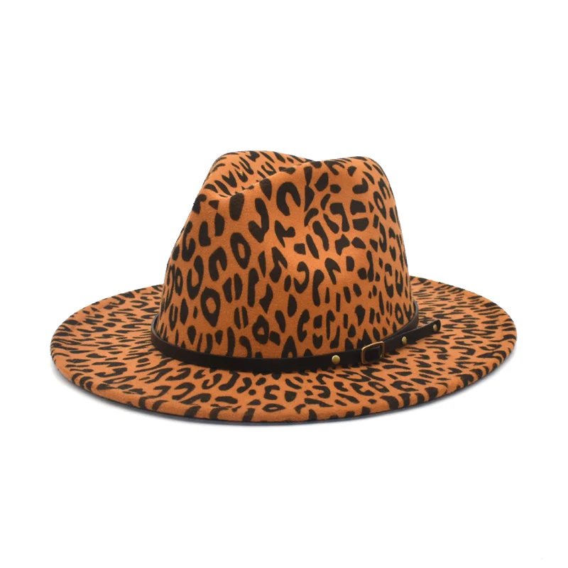 Women's Flat Brim Wool Felt Jazz Fedora Hat Men's Women's Leopard Print Leather Band Decoration Trilby Panama  Hat F97