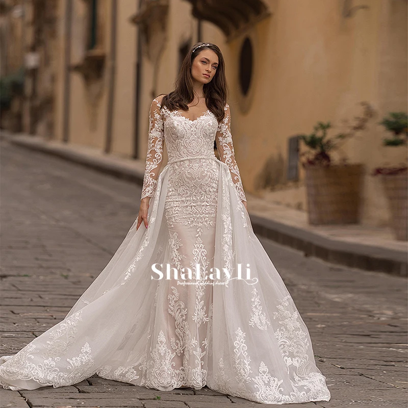 

Luxury Detachable 2 In 1 Wedding Dress Embroidered Lace On Net With Train V-neck Fullsleeve Vintage Bride Gowns Vestido De Novia