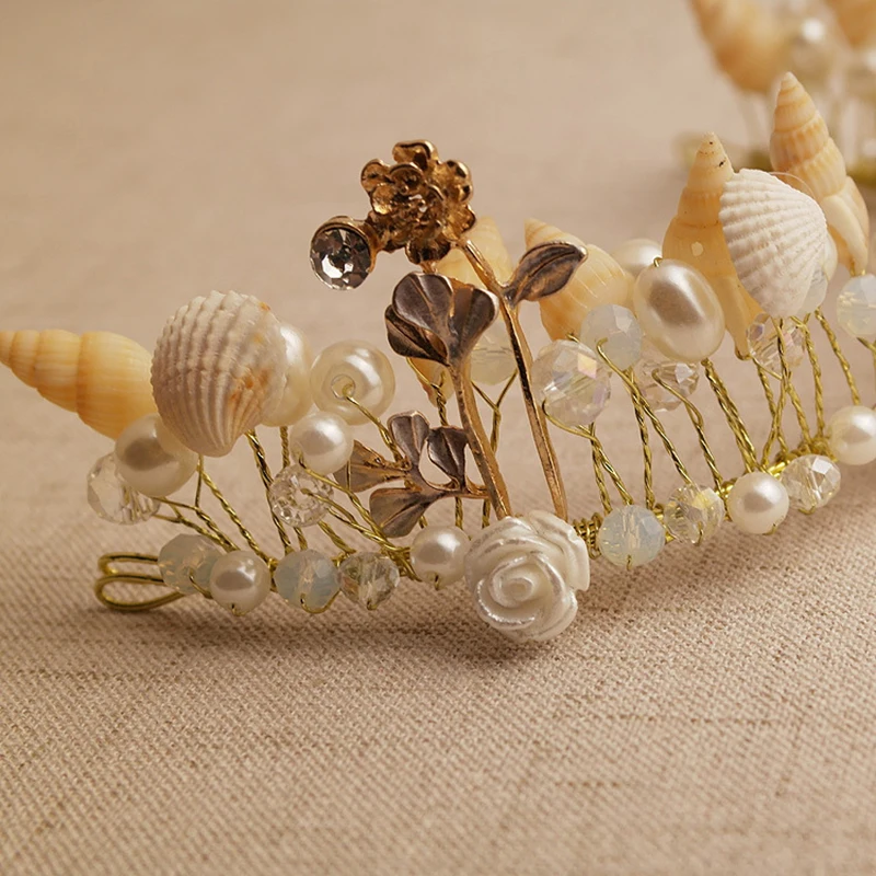 Mermaid Headband Pearl Shell Crown For Bridesmaid Beach Wedding Hair Accessories Bridal Seashell Flowers Tiara Prom Headpiece