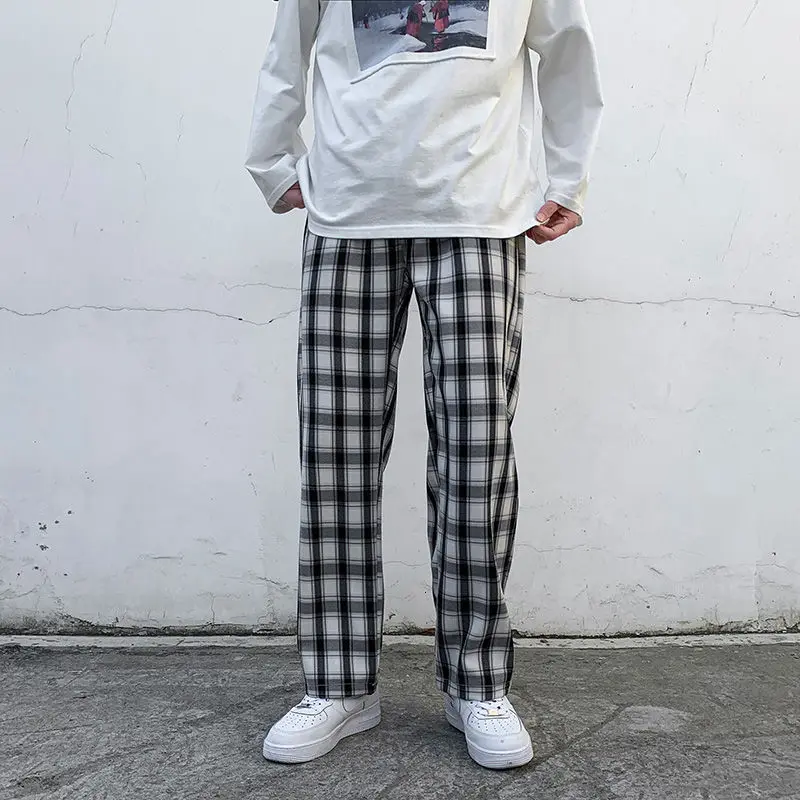 

2021 Men's Streetwear Hip Hop Straight Pants Cargo Baggy Casual Pants Lattice Printing Jogger Sweatpants Black/Apricot Trousers