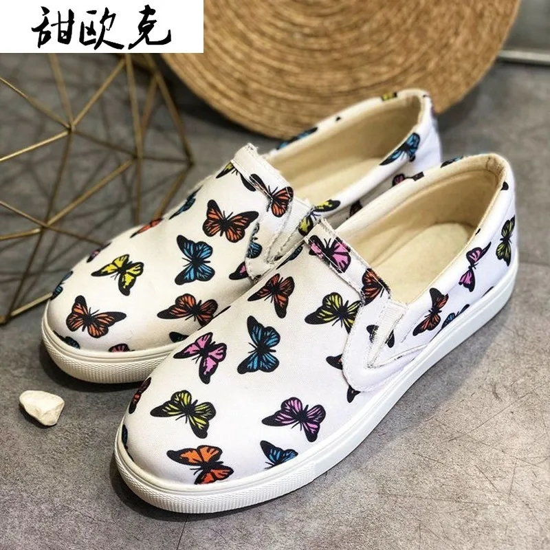 

2021 Spring Woman Fashion Shallow Vulcanized Butterfly Print Thick Bottom Slip Comfortable Women Flats Print Soft Casual Shoes