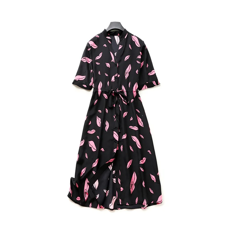 

Elegant Temperament Women's Silk Printed V-neck Short Sleeve A- line Dress Dress 2020 Fashion New Style